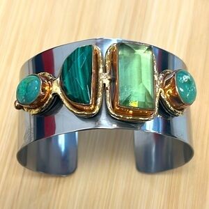 Handmade Silver Tone Adjustable Wide Cuff Bracelet Green Gemstone Embellished
